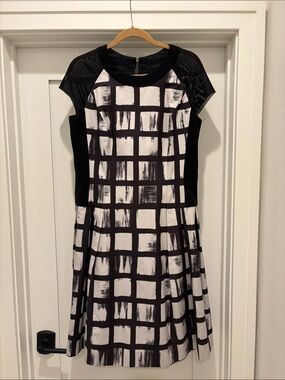 Carmen Marc Valvo Black and White Grid Fit-and-Flare Dress